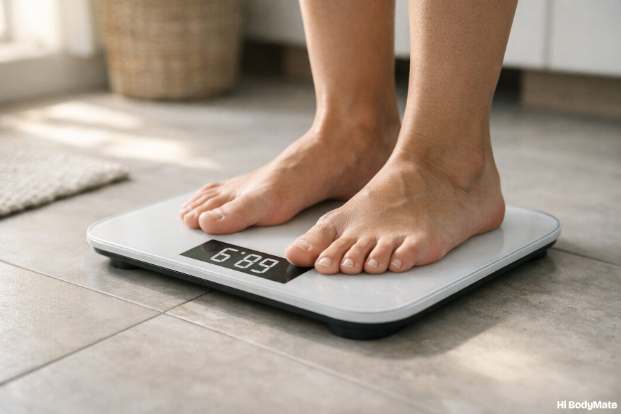 Bare feet on a bathroom scale in morning light