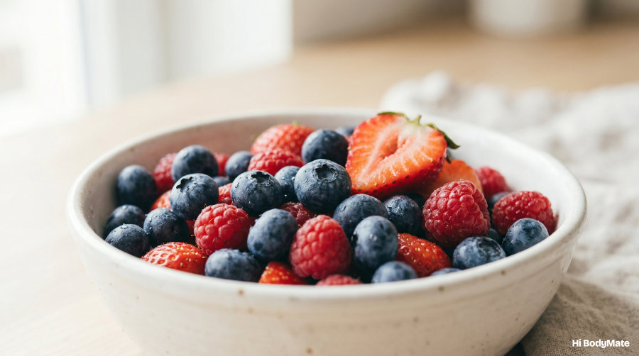 White bowl filled with mixed fresh blueberries, raspberries, and strawberries