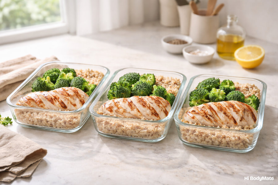 Meal prep containers with grilled chicken, broccoli, and brown rice